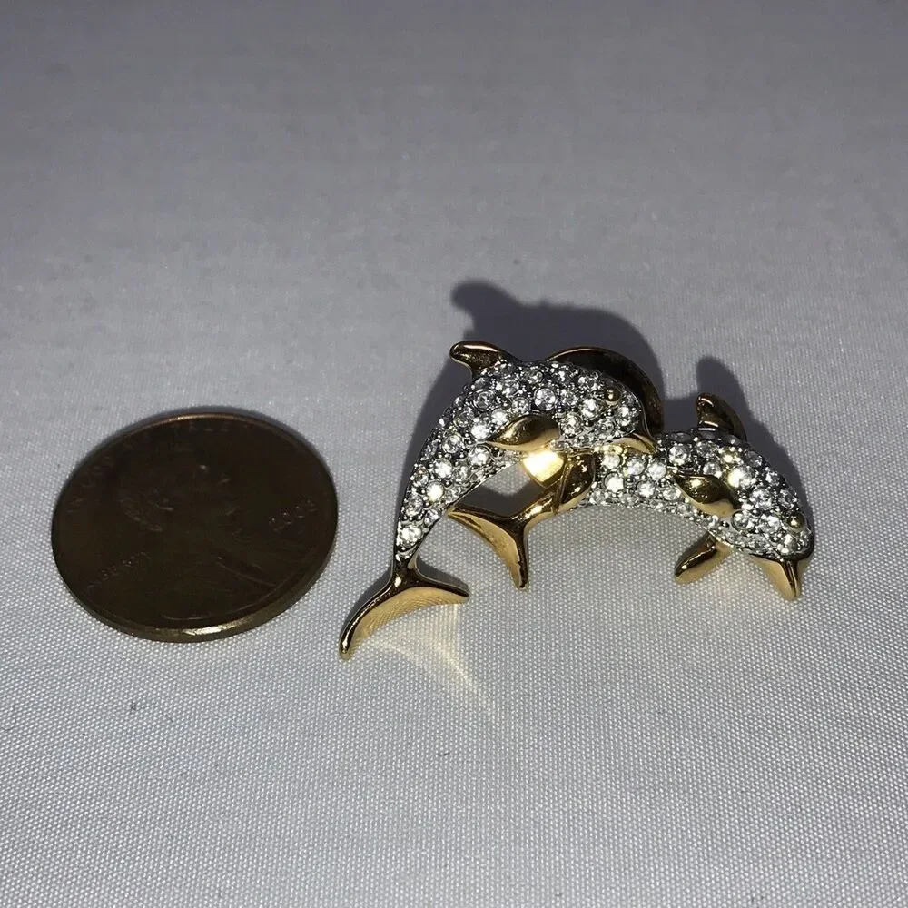 Swan Signed SWAROVSKI DOLPHIN Couple Pair Lapel Tack PIN BROOCH 1.25